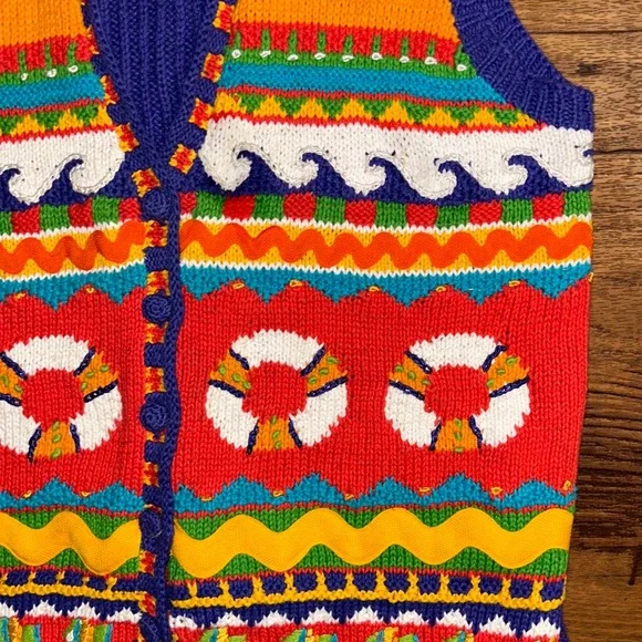 Marisa Christina ~ Large ~ Hand Knitted ~ Orange/Yellow/Blue ~ Ocean/Fish ~ Vest - Picture 12 of 16